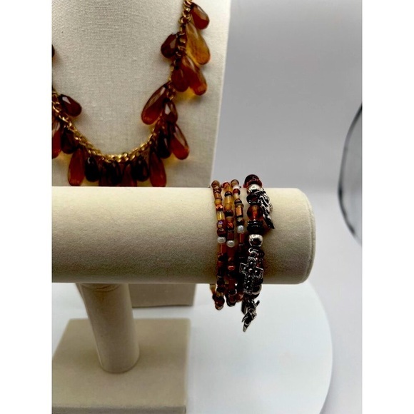 Faux Amber Teardrop Statement Necklace & Charm Bracelet Set   N77 - Picture 3 of 9